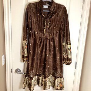 213 Women's Brown Dress Crush Velvet Vintage Retro Style Ruffles Long Sleeves